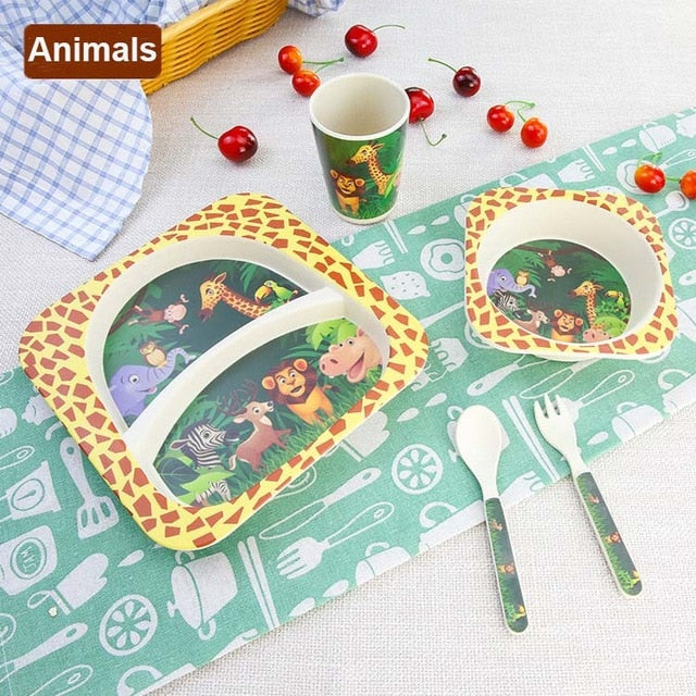 5-Piece Bamboo Fiber Kids Cartoon Animal Dinnerware Set – Eco-Friendly Feeding Essentials
