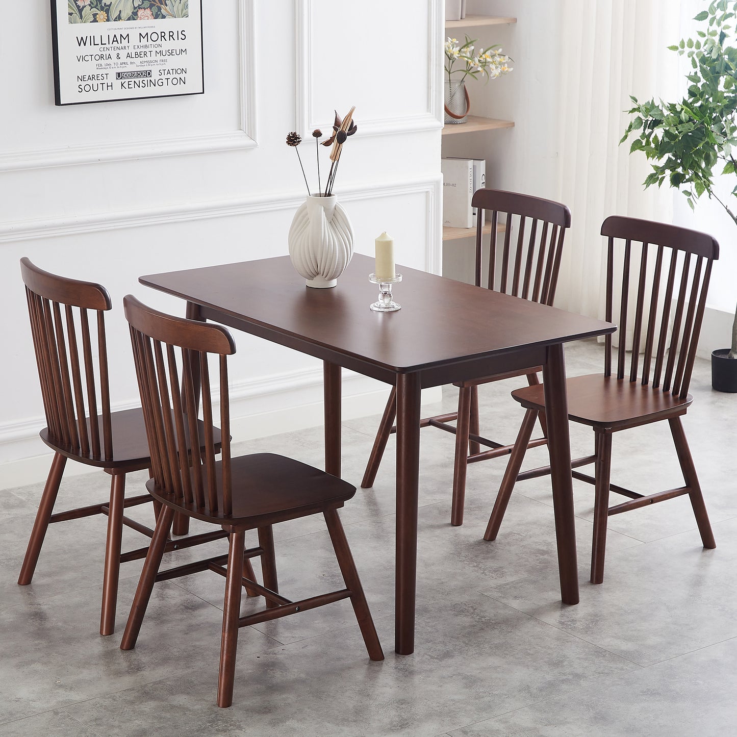 Set of 4 Solid Wood Dining Chairs – Elegant Walnut Rubberwood Design