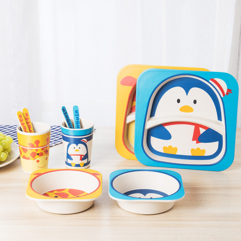 5-Piece Bamboo Fiber Kids Cartoon Animal Dinnerware Set – Eco-Friendly Feeding Essentials
