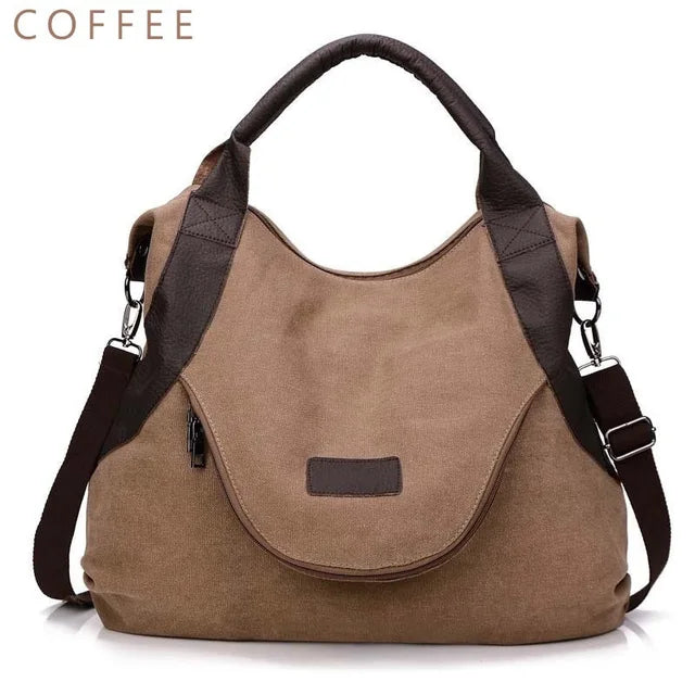 Large Pocket Canvas Tote Bag with Leather Accents – Casual Women’s Handbag
