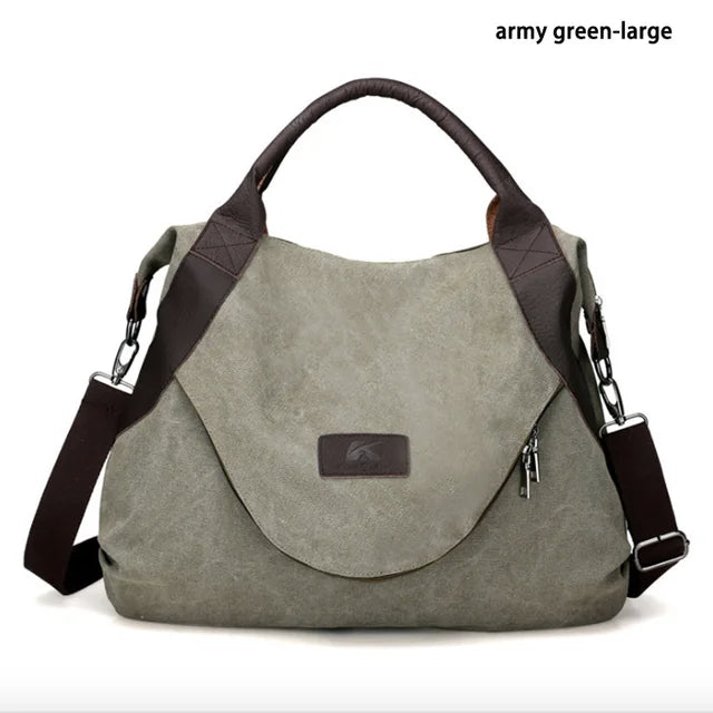 Large Pocket Canvas Tote Bag with Leather Accents – Casual Women’s Handbag