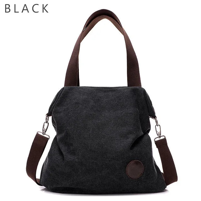 Large Pocket Canvas Tote Bag with Leather Accents – Casual Women’s Handbag