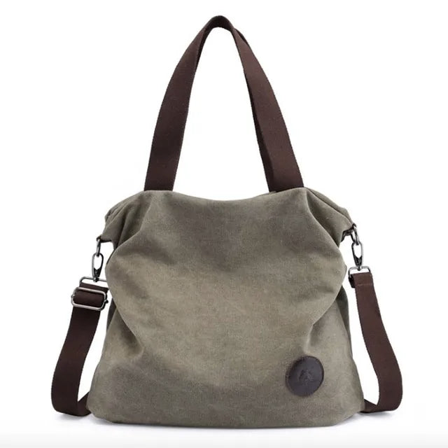 Large Pocket Canvas Tote Bag with Leather Accents – Casual Women’s Handbag