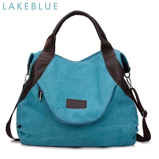 Large Pocket Canvas Tote Bag with Leather Accents – Casual Women’s Handbag
