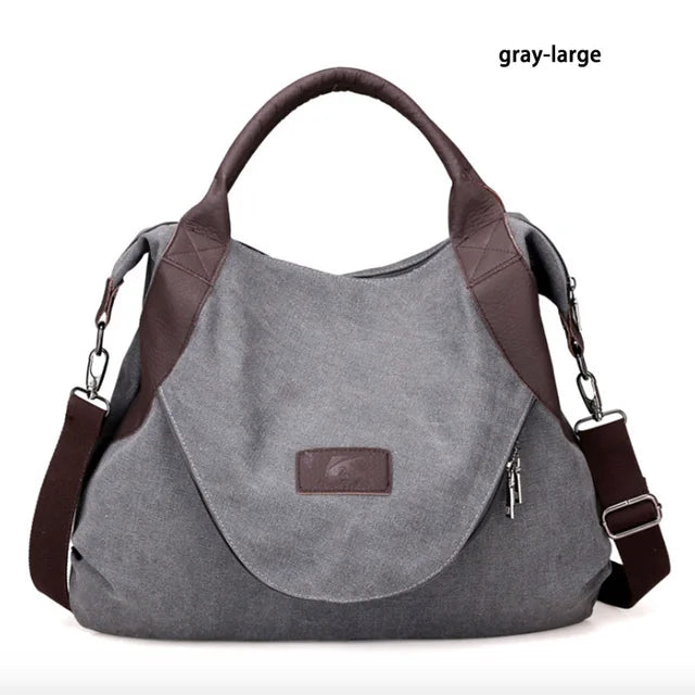 Large Pocket Canvas Tote Bag with Leather Accents – Casual Women’s Handbag