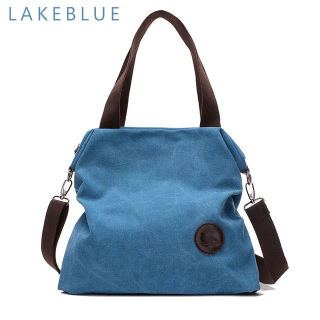 Large Pocket Canvas Tote Bag with Leather Accents – Casual Women’s Handbag