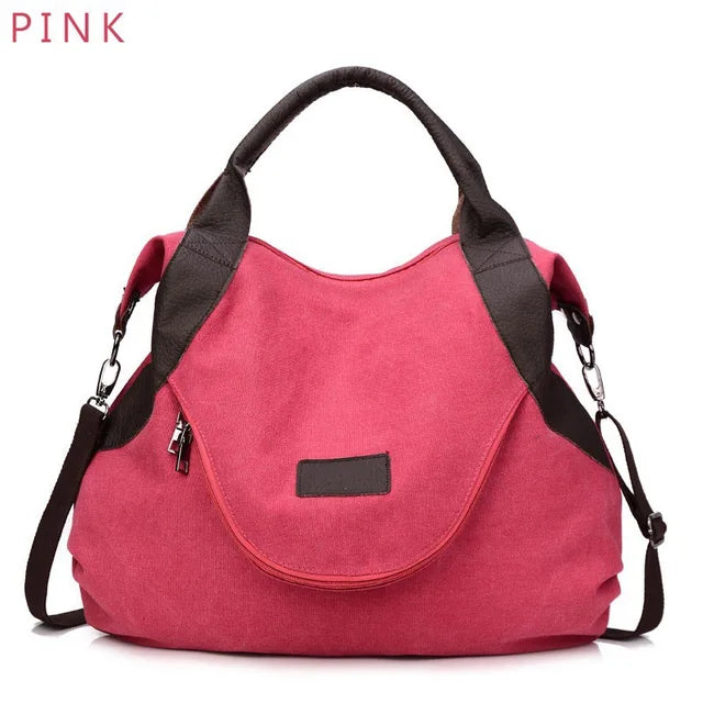 Large Pocket Canvas Tote Bag with Leather Accents – Casual Women’s Handbag
