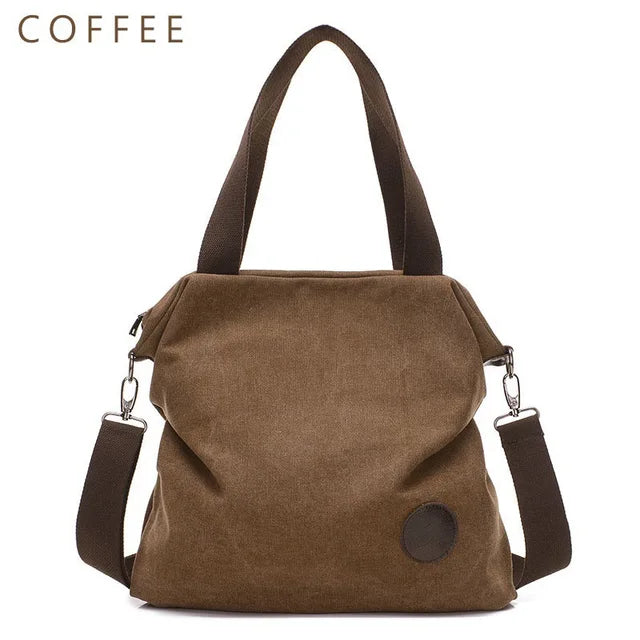 Large Pocket Canvas Tote Bag with Leather Accents – Casual Women’s Handbag