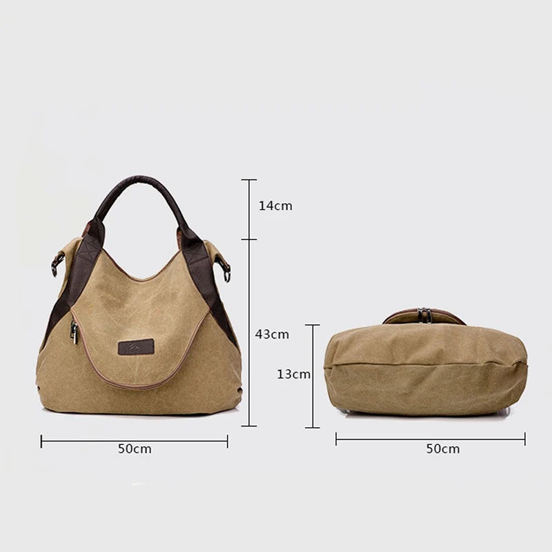 Large Pocket Canvas Tote Bag with Leather Accents – Casual Women’s Handbag