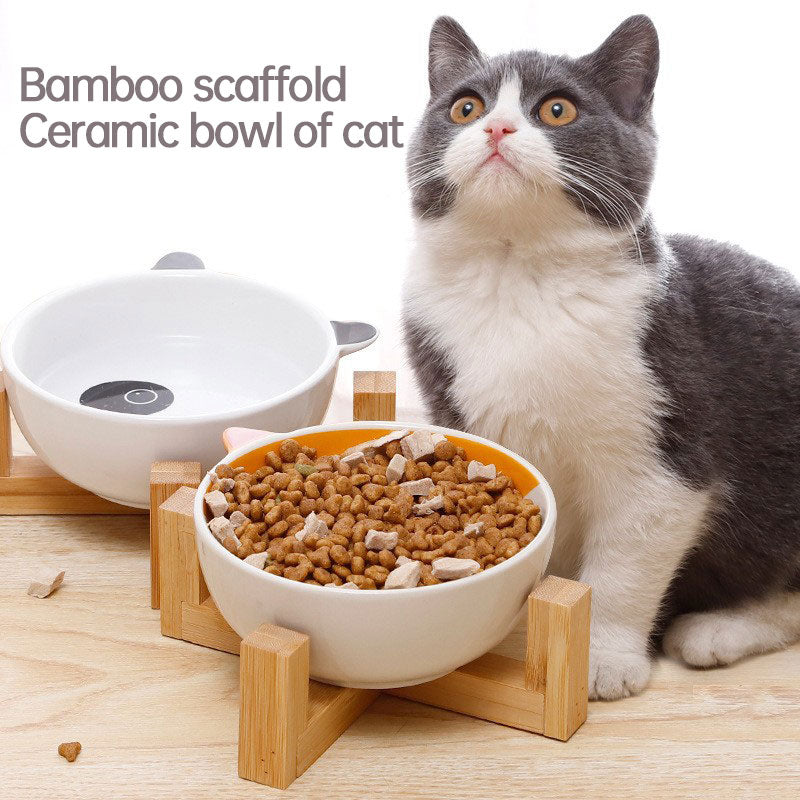 Double Ear Ceramic Pet Bowl with Bamboo Frame – Stylish Dog & Cat Bowl