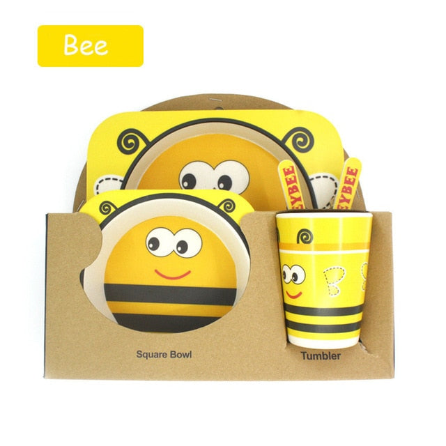 5-Piece Bamboo Fiber Kids Cartoon Animal Dinnerware Set – Eco-Friendly Feeding Essentials