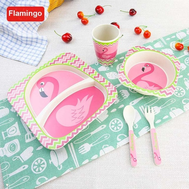 5-Piece Bamboo Fiber Kids Cartoon Animal Dinnerware Set – Eco-Friendly Feeding Essentials