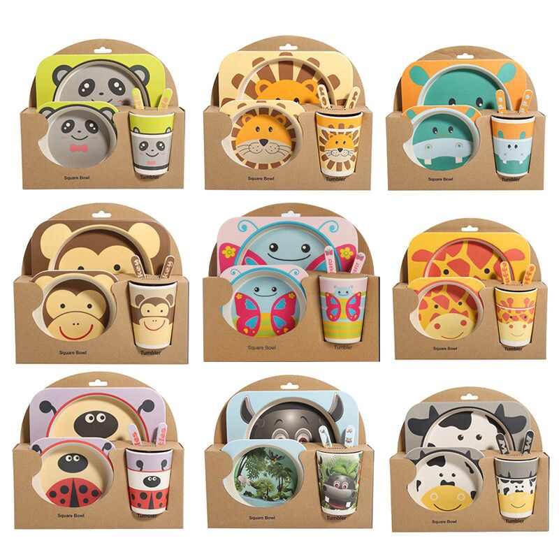 5-Piece Bamboo Fiber Kids Cartoon Animal Dinnerware Set – Eco-Friendly Feeding Essentials