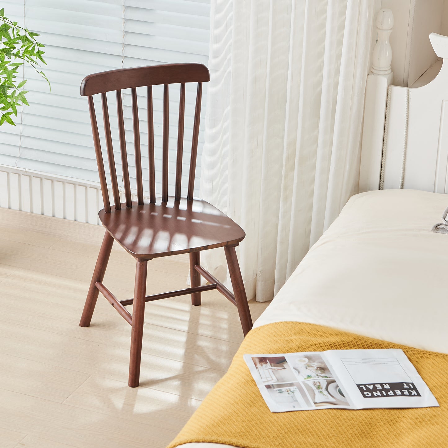 Set of 4 Solid Wood Dining Chairs – Elegant Walnut Rubberwood Design