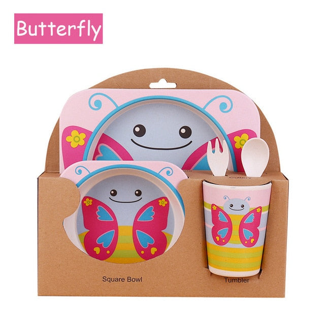 5-Piece Bamboo Fiber Kids Cartoon Animal Dinnerware Set – Eco-Friendly Feeding Essentials