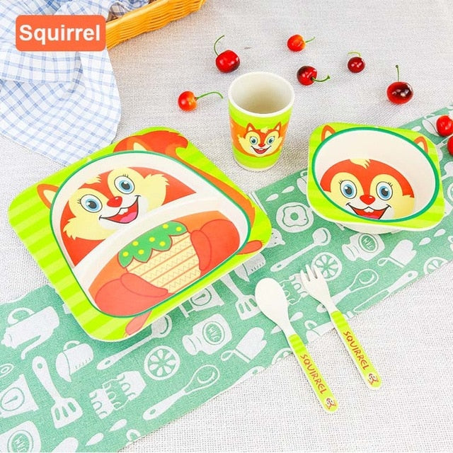 5-Piece Bamboo Fiber Kids Cartoon Animal Dinnerware Set – Eco-Friendly Feeding Essentials
