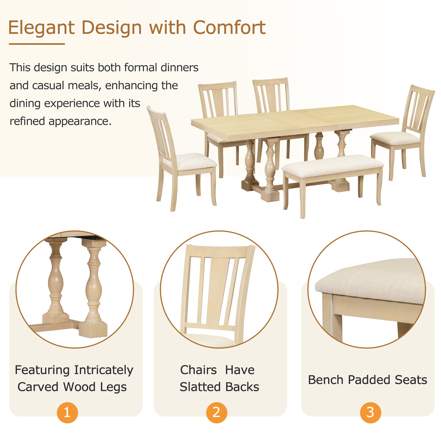 Traditional 6-Piece Extendable Dining Set with Bench – Natural Wood Finish