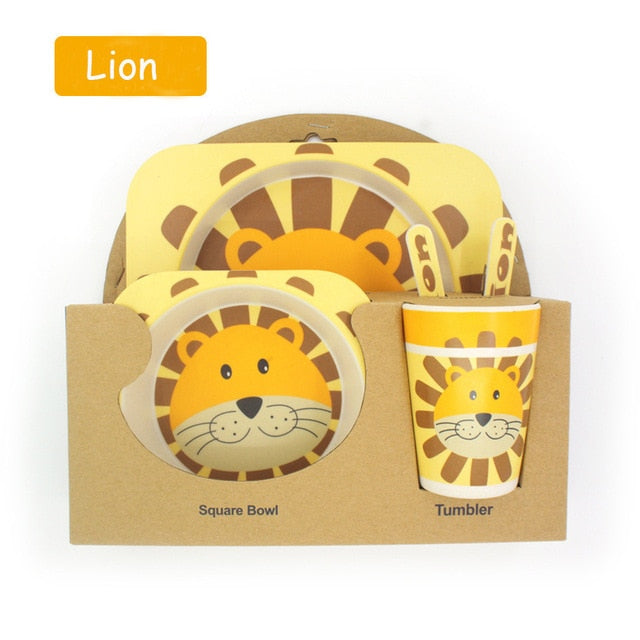 5-Piece Bamboo Fiber Kids Cartoon Animal Dinnerware Set – Eco-Friendly Feeding Essentials