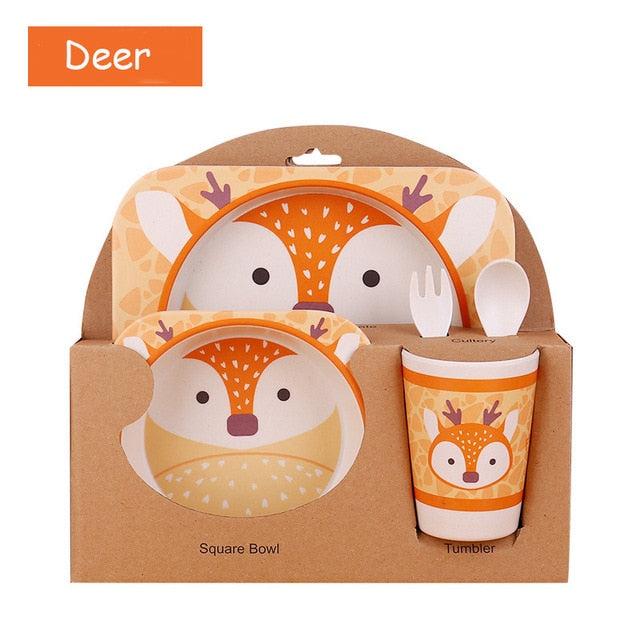 5-Piece Bamboo Fiber Kids Cartoon Animal Dinnerware Set – Eco-Friendly Feeding Essentials