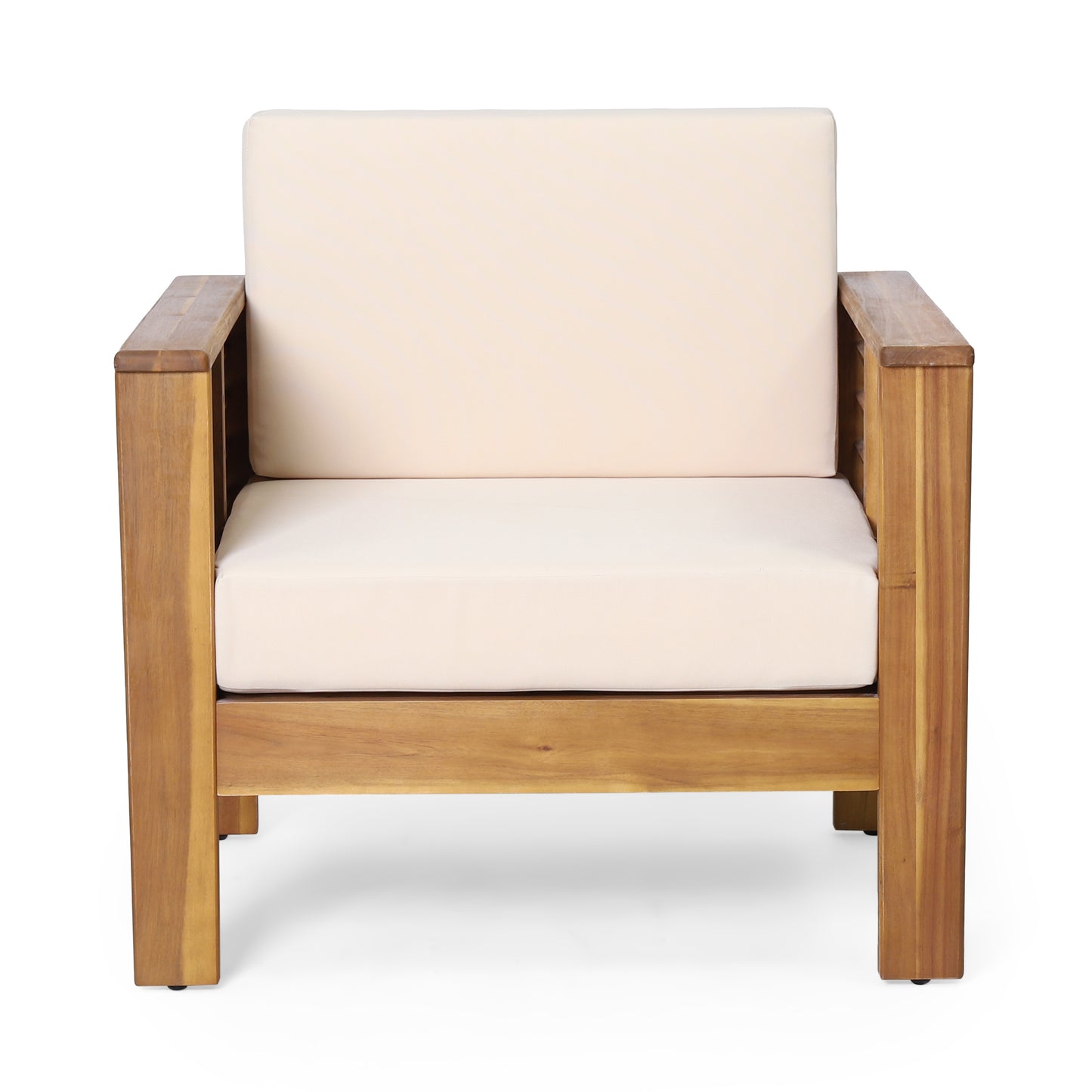 Outdoor Acacia Wood Club Chairs with Cushions – Teak Finish & Beige Comfort