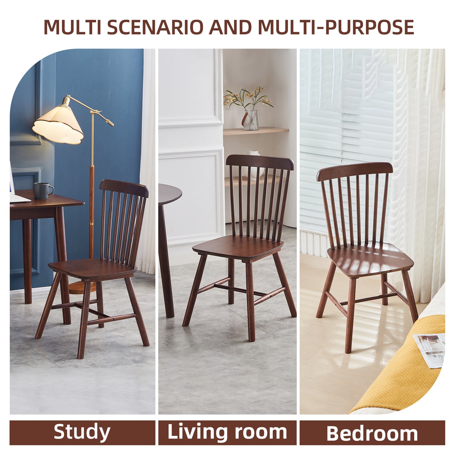 Set of 4 Solid Wood Dining Chairs – Elegant Walnut Rubberwood Design