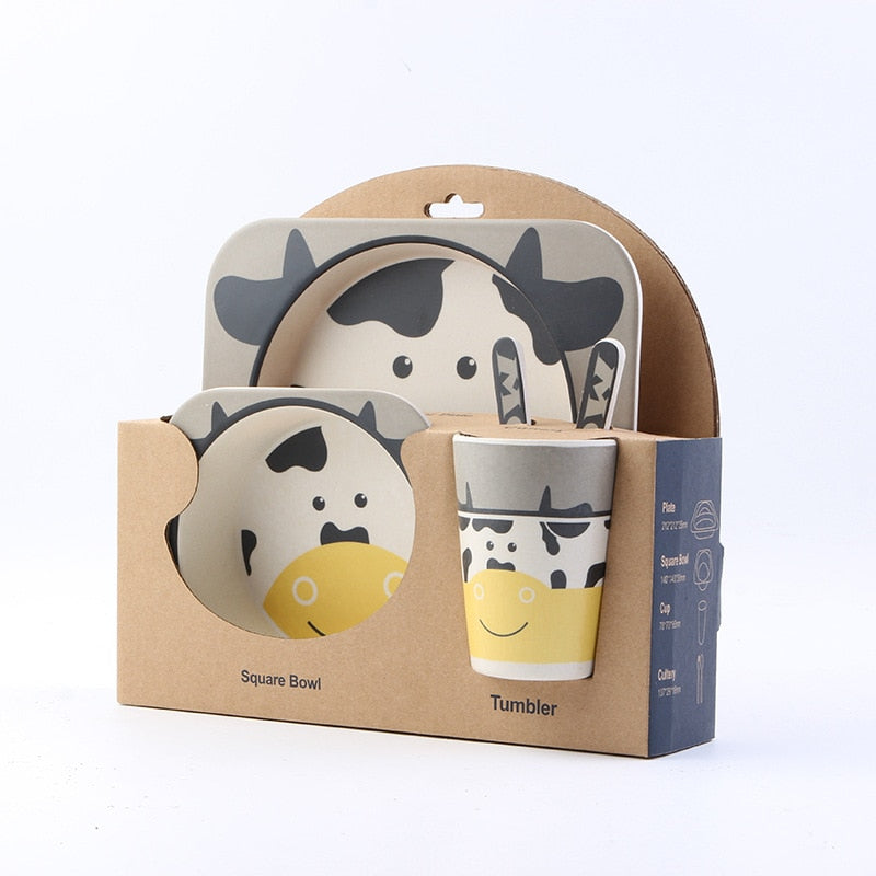 5-Piece Bamboo Fiber Kids Cartoon Animal Dinnerware Set – Eco-Friendly Feeding Essentials