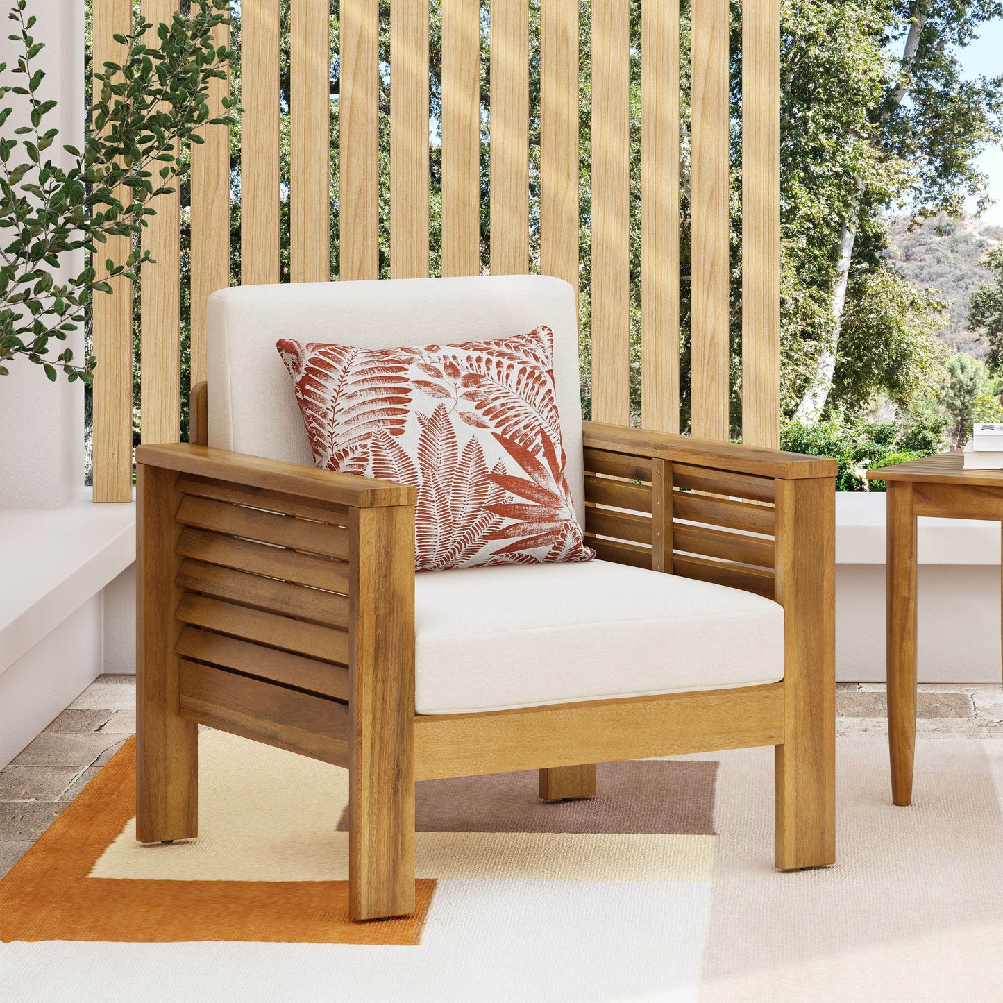 Outdoor Acacia Wood Club Chairs with Cushions – Teak Finish & Beige Comfort