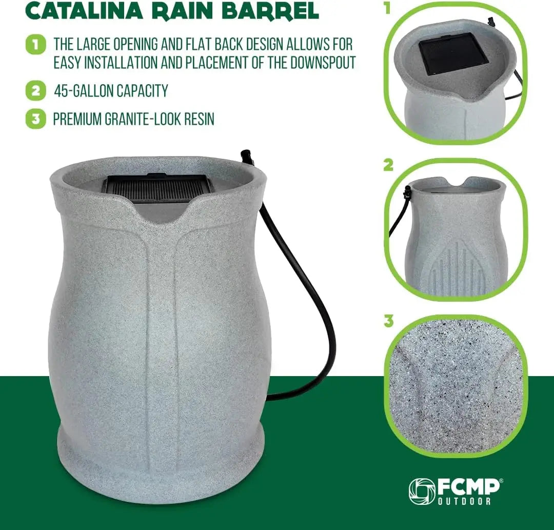 Catalina 45-Gallon Rain Barrel – BPA-Free with Flat-Back Design & Hose