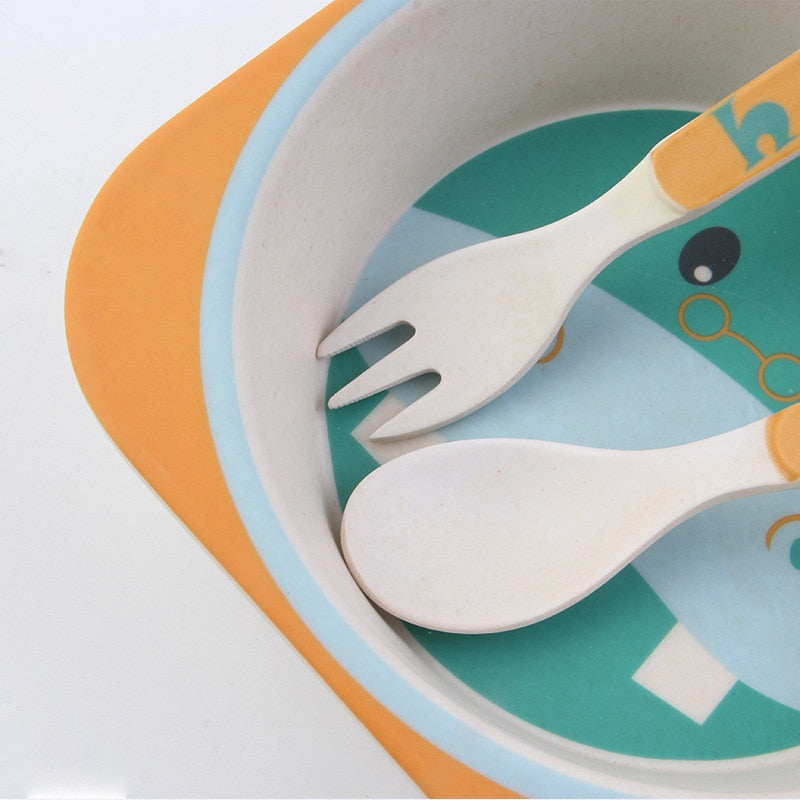 5-Piece Bamboo Fiber Kids Cartoon Animal Dinnerware Set – Eco-Friendly Feeding Essentials