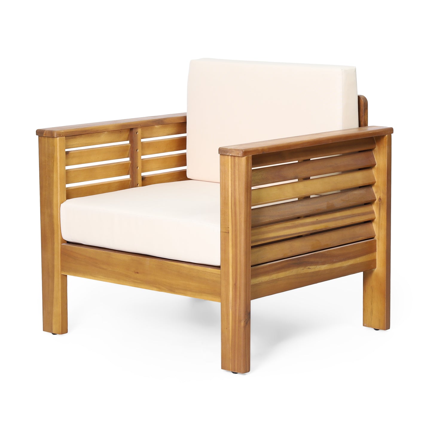 Outdoor Acacia Wood Club Chairs with Cushions – Teak Finish & Beige Comfort