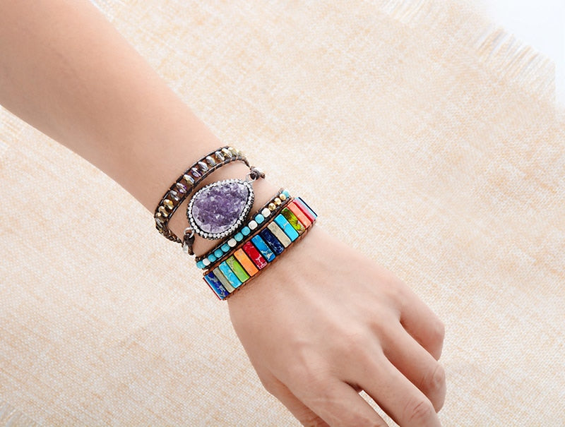 Handmade Chakra Leather Wrap Bracelet – Multicolor Natural Stone Jewelry
