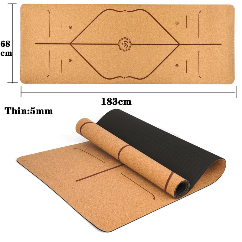 Natural Cork Yoga Mat – Non-Slip Eco-Friendly Fitness & Pilates Mat with Body Alignment Lines