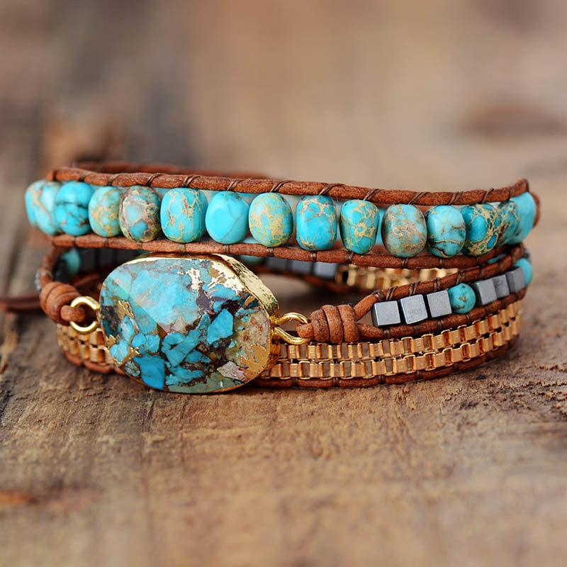 Boho Turquoise Triple Wrap Bracelet – Hand-Braided Leather Jewelry