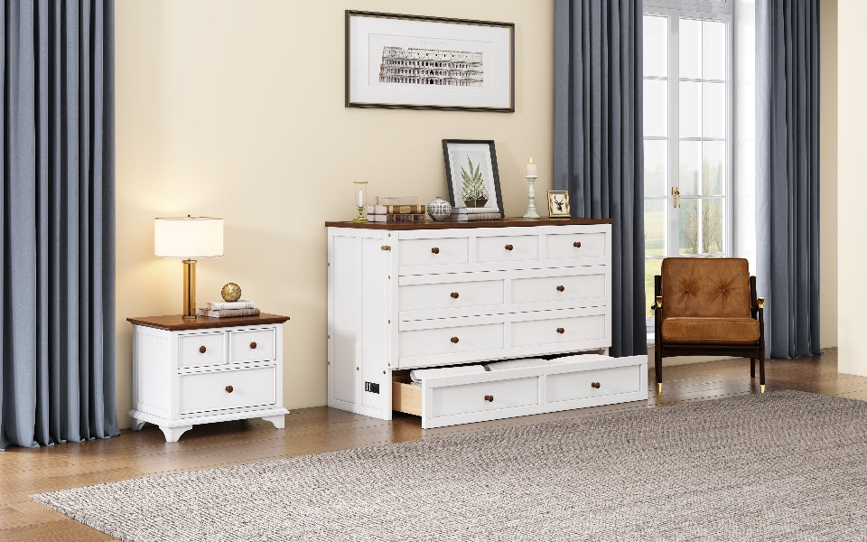 Solid Pine Murphy Bed Chest – Queen Size with Storage Drawer & Charging Station