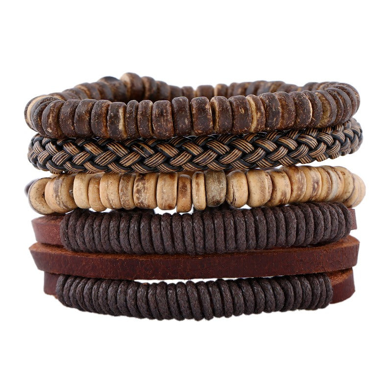 Men’s Retro Woven Leather & Coconut Shell Bracelet Set