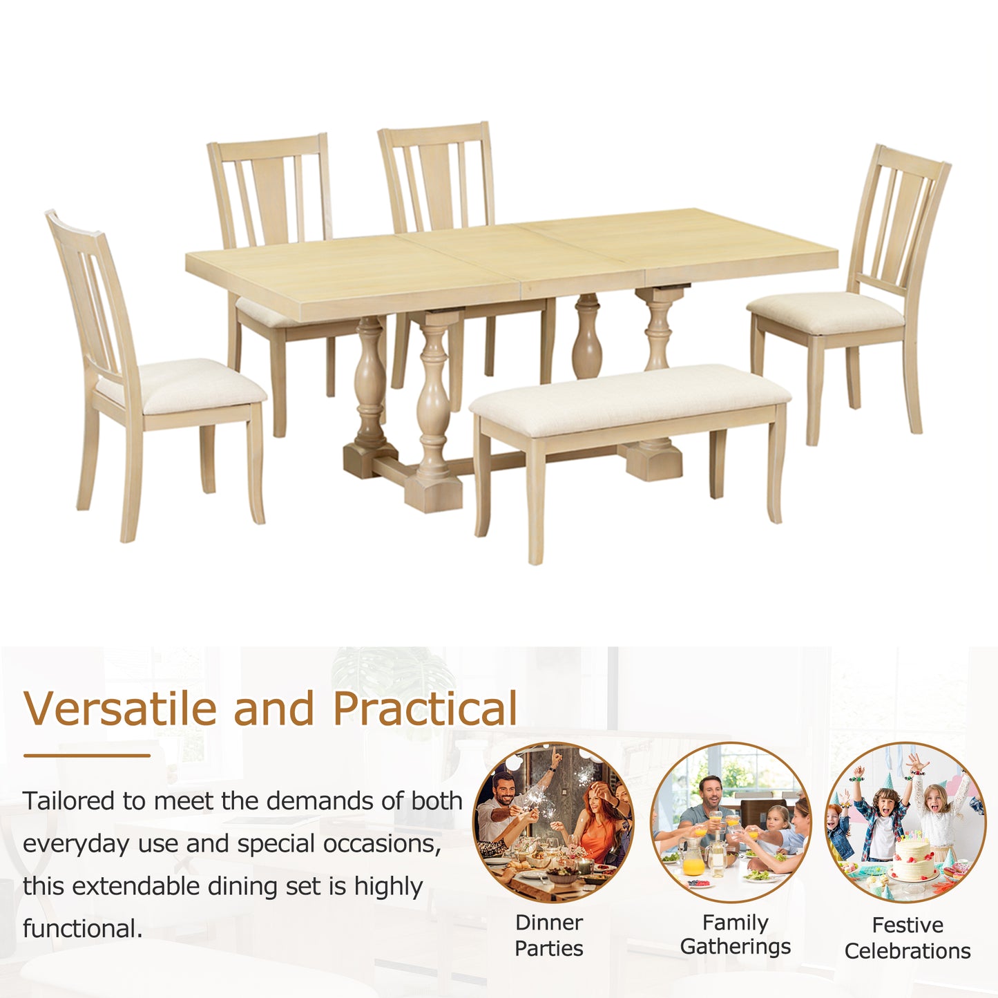 Traditional 6-Piece Extendable Dining Set with Bench – Natural Wood Finish