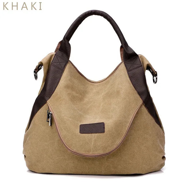 Large Pocket Canvas Tote Bag with Leather Accents – Casual Women’s Handbag