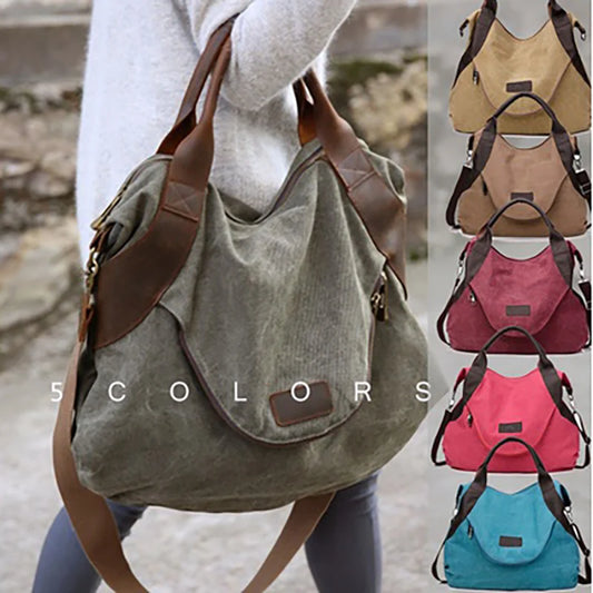 Large Pocket Canvas Tote Bag with Leather Accents – Casual Women’s Handbag