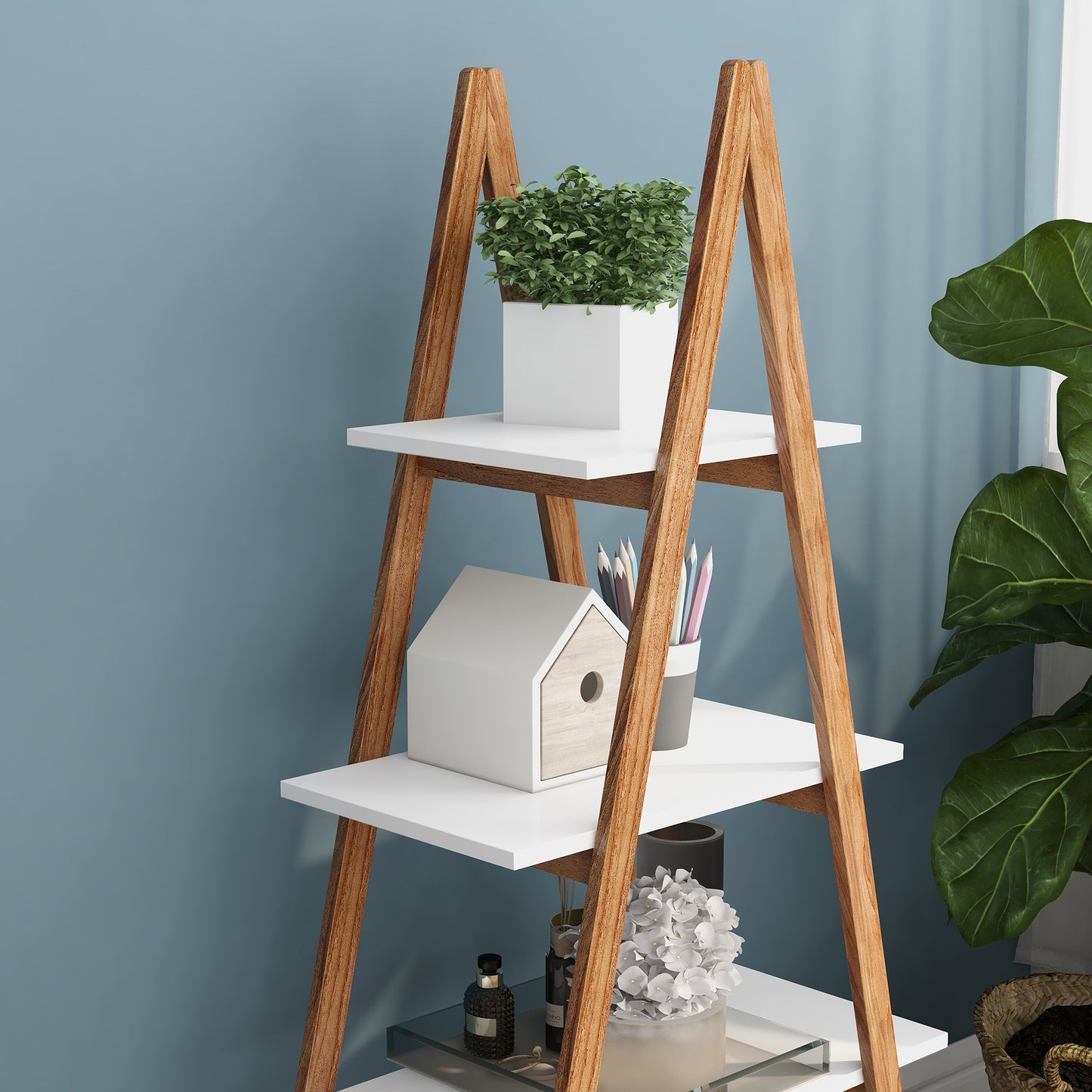 Solid Bamboo Wood A-Frame Ladder Bookshelf – Sustainable Display Rack