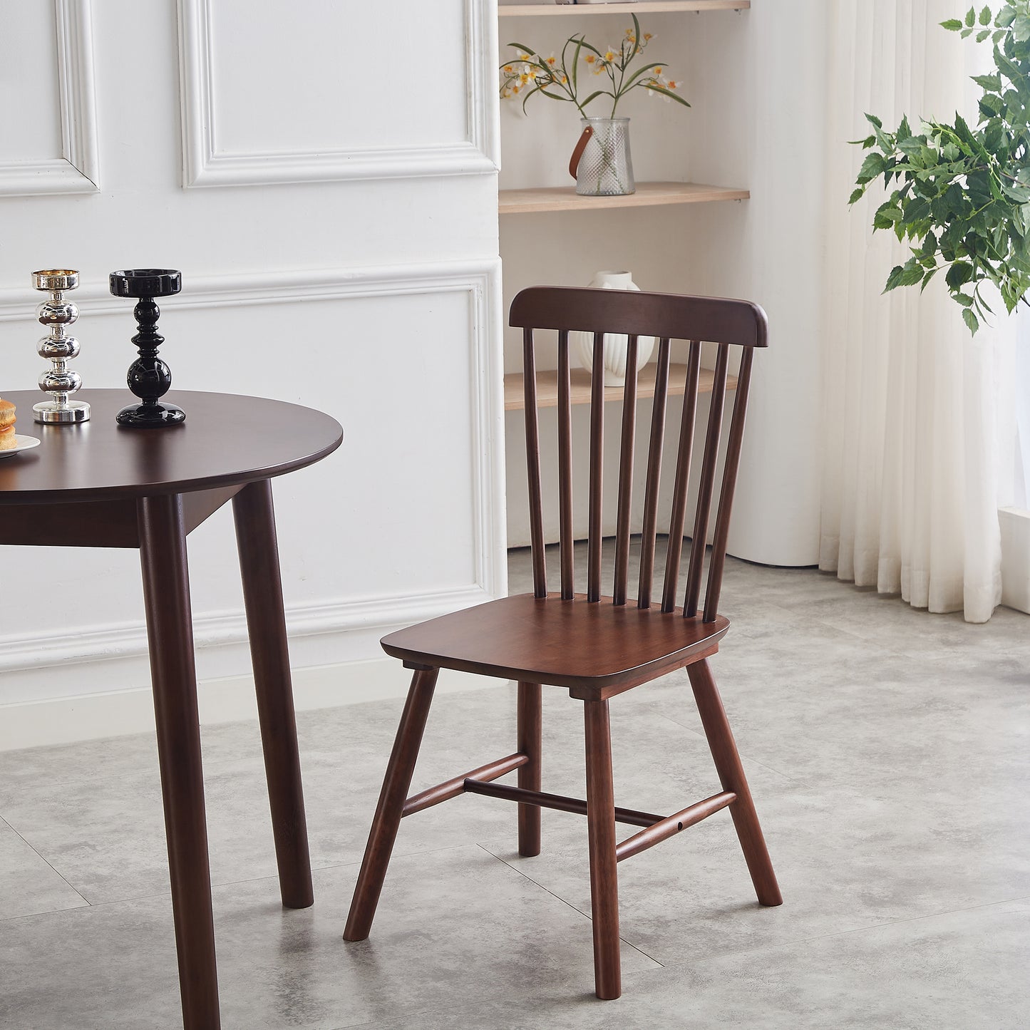 Set of 4 Solid Wood Dining Chairs – Elegant Walnut Rubberwood Design