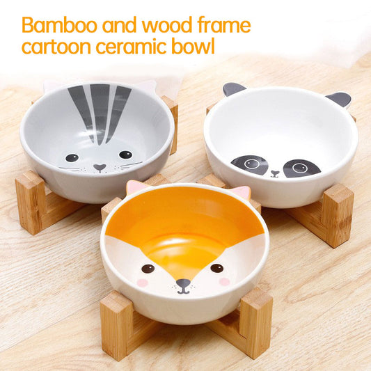 Double Ear Ceramic Pet Bowl with Bamboo Frame – Stylish Dog & Cat Bowl