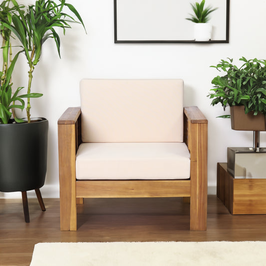 Outdoor Acacia Wood Club Chairs with Cushions – Teak Finish & Beige Comfort