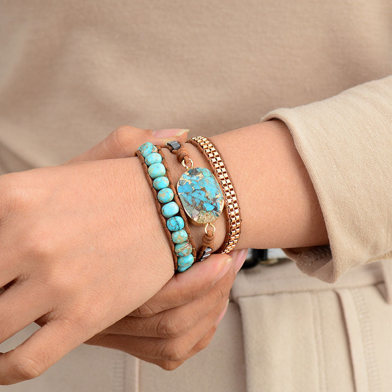 Boho Turquoise Triple Wrap Bracelet – Hand-Braided Leather Jewelry