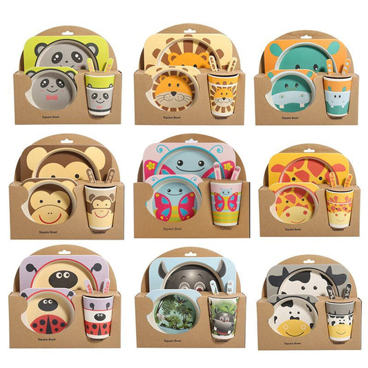 5-Piece Bamboo Fiber Kids Cartoon Animal Dinnerware Set – Eco-Friendly Feeding Essentials