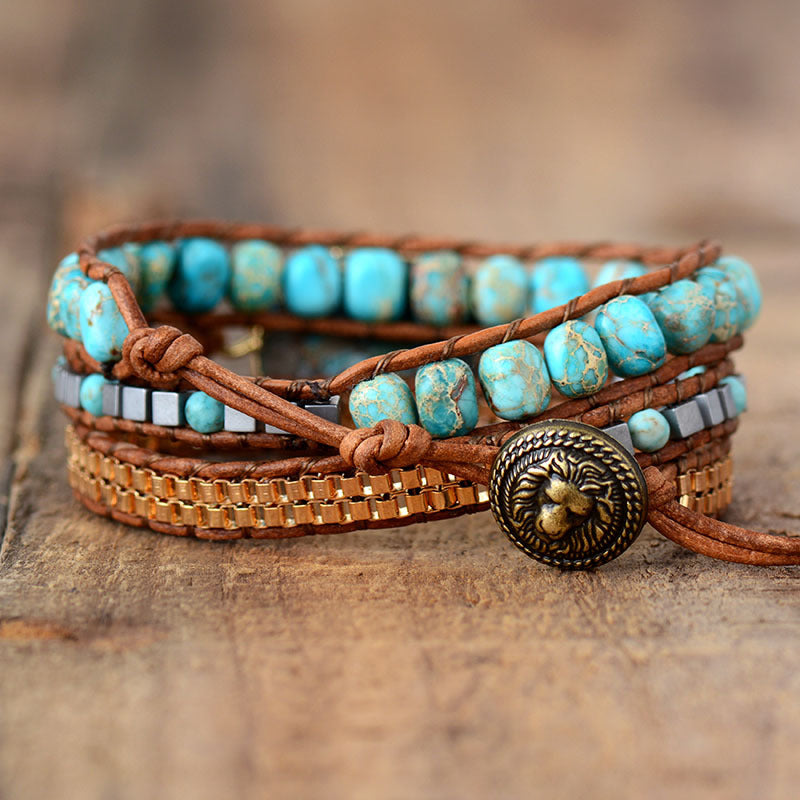 Boho Turquoise Triple Wrap Bracelet – Hand-Braided Leather Jewelry