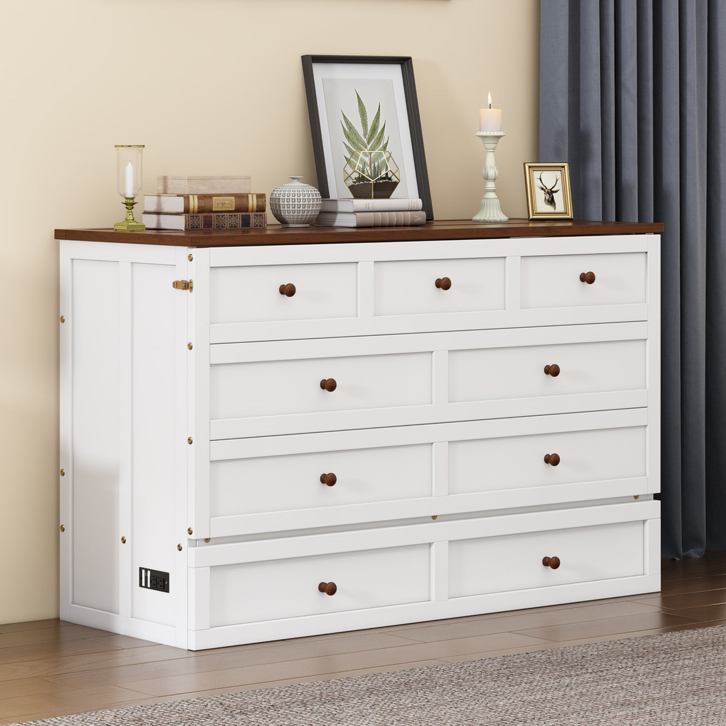 Solid Pine Murphy Bed Chest – Queen Size with Storage Drawer & Charging Station
