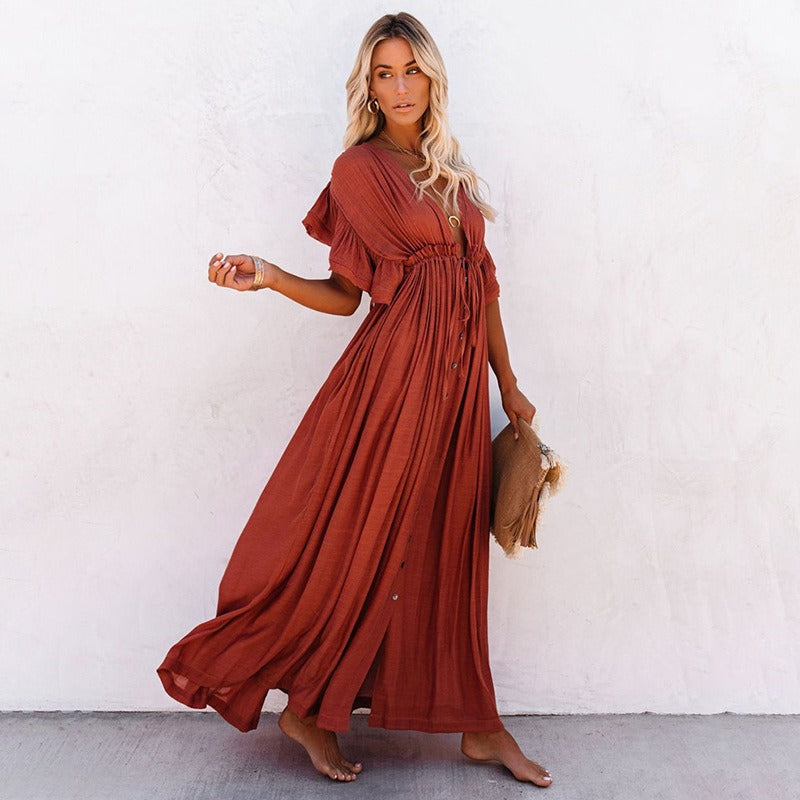 Bamboo Drawstring Beach Cover-Up Shirt – Versatile Vacation Dress