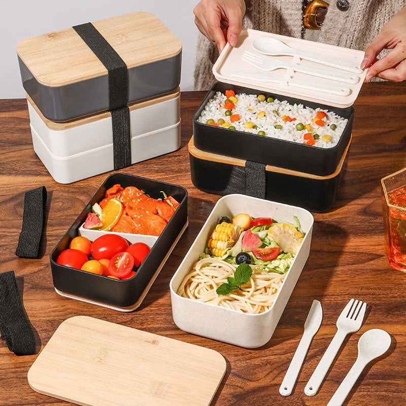 Eco-Friendly Wheat Straw Bento Box with Wooden Lid – Microwave Safe