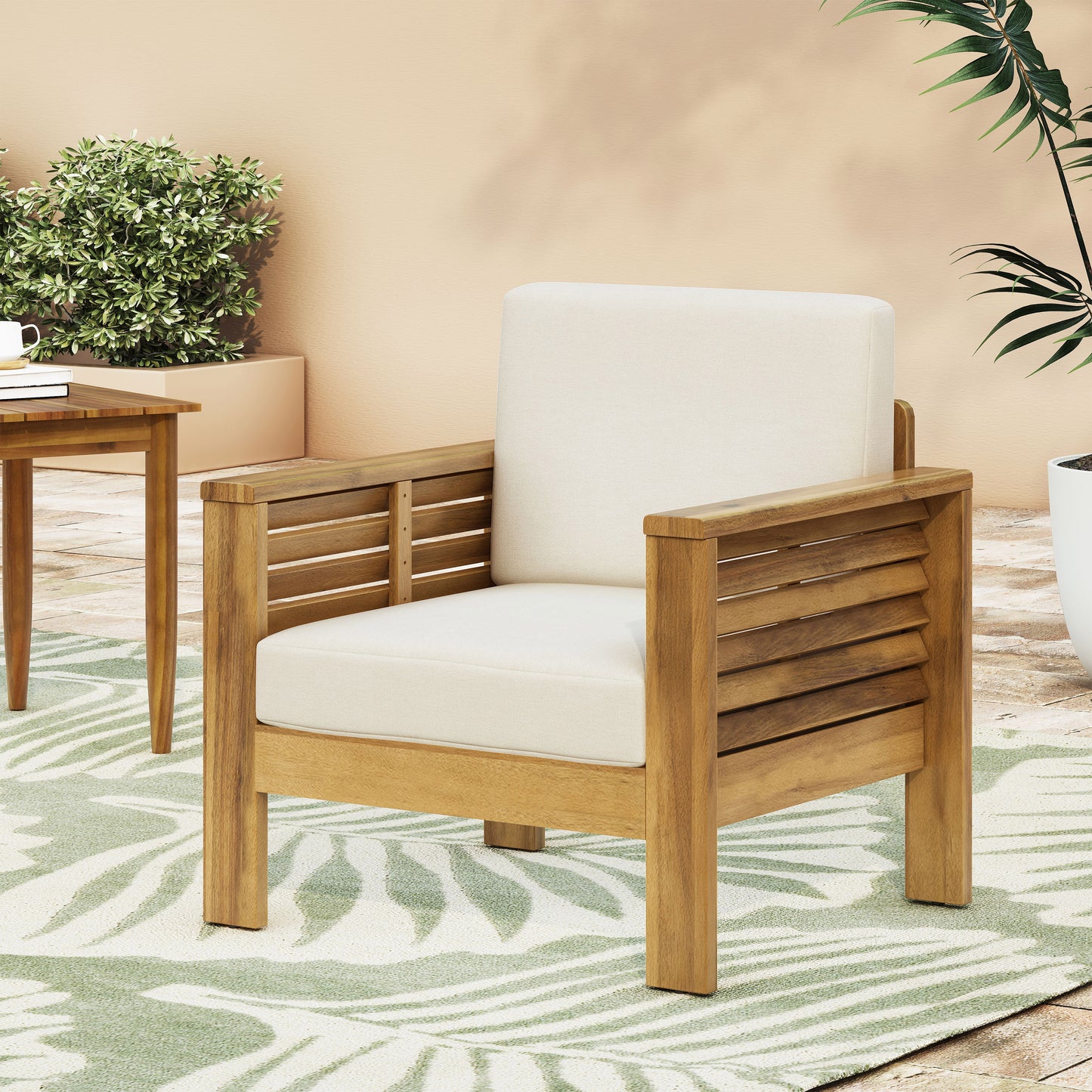 Outdoor Acacia Wood Club Chairs with Cushions – Teak Finish & Beige Comfort
