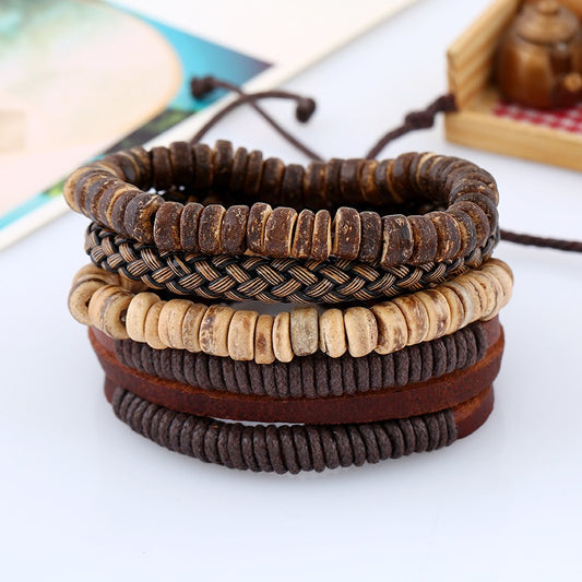 Men’s Retro Woven Leather & Coconut Shell Bracelet Set